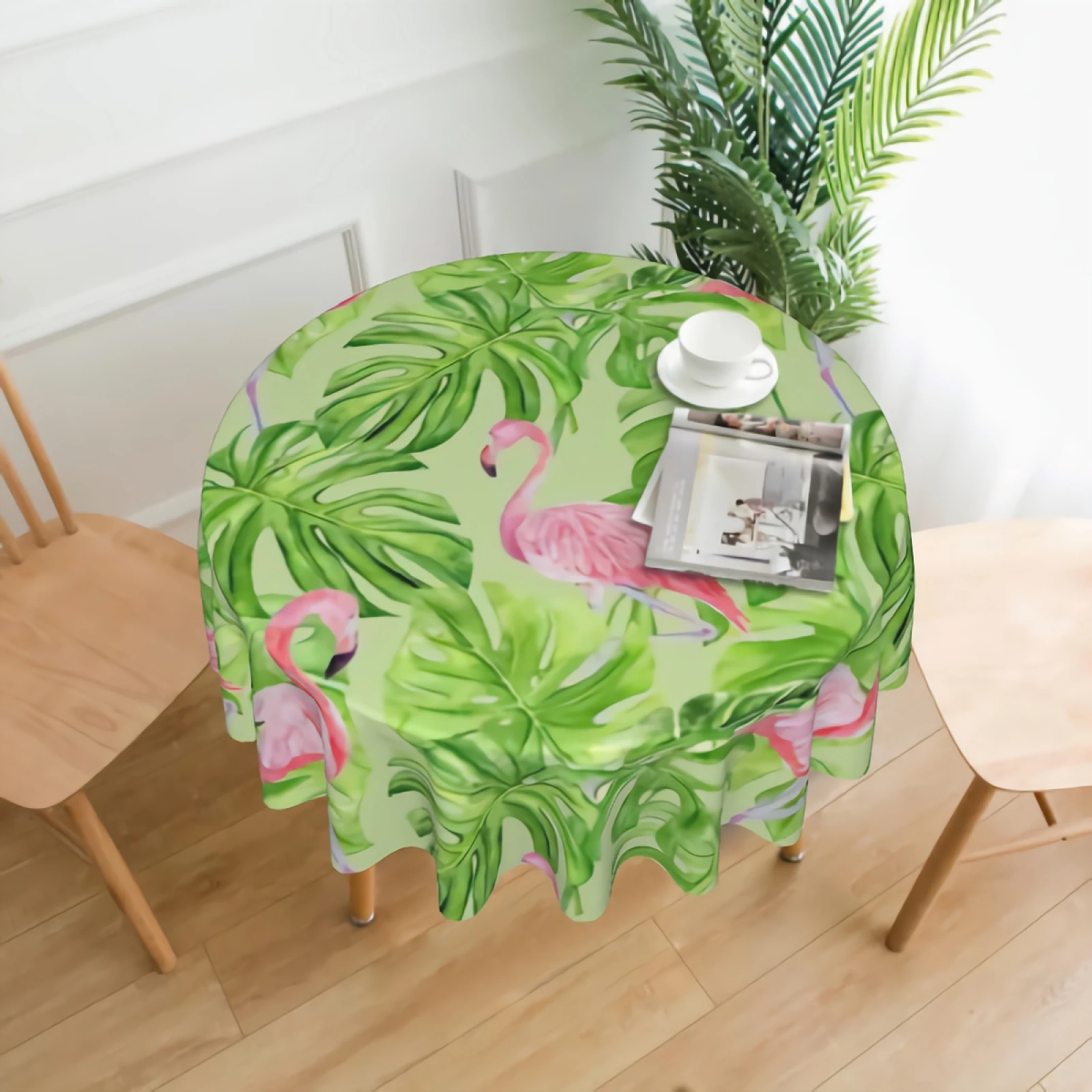 

Flamingos With Tropical Banana Leaves Round Tablecloth Farmhouse Pink Bird And Greenery Palm Tree Table Cloth Round Table