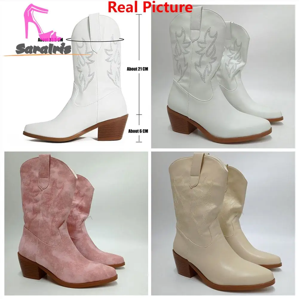 Vintage Style Women Boots For Women  2023 Hot Fashion Thick Heels Mid Calf Boots Embroidery Elegant Short Boots Comfy Walking