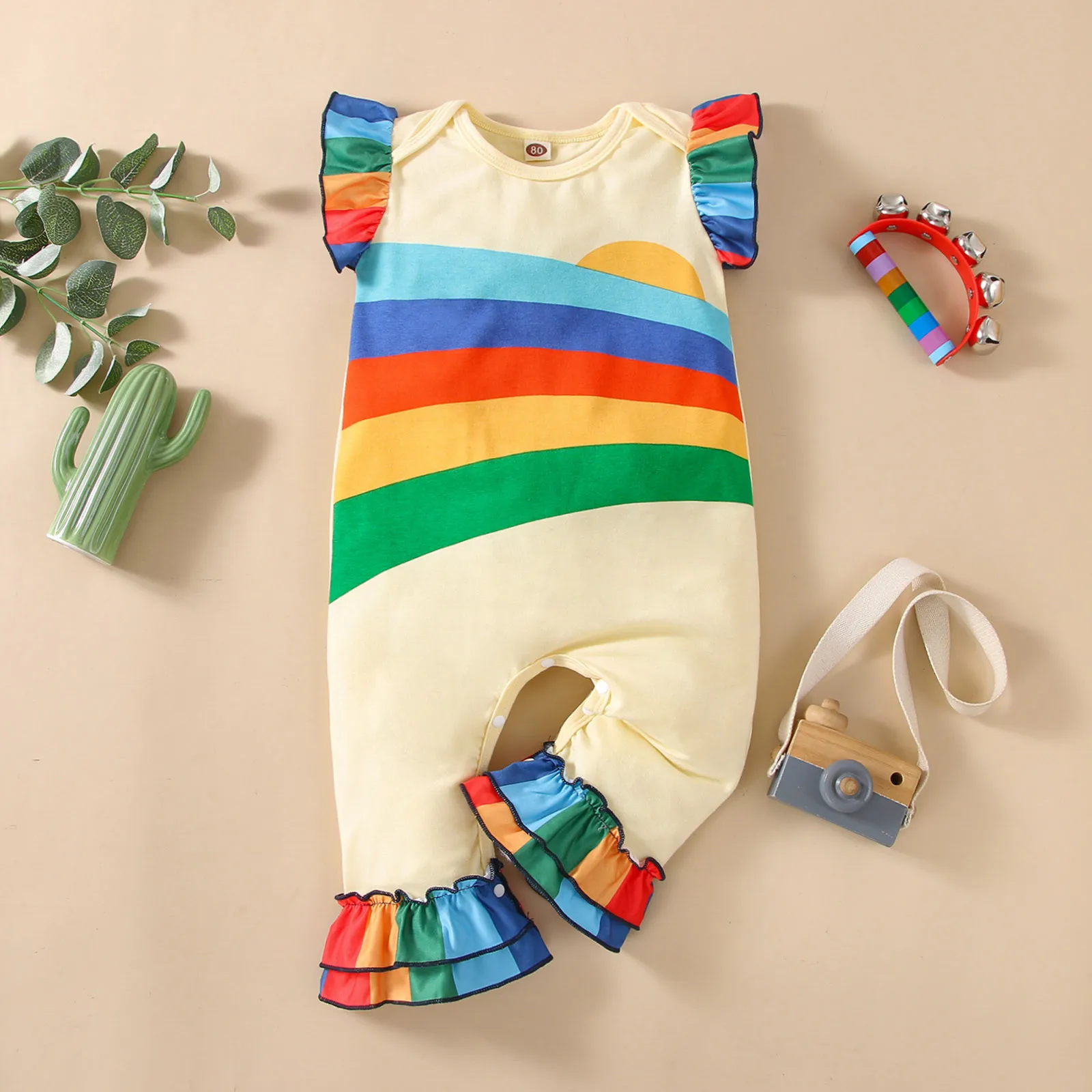 

Baby Clothes Newborn Baby Infant Baby Boys Girls Romper Ruffles Sleeveless Cartoon Rainbow Print Jumpsuit Overalls For Toddler