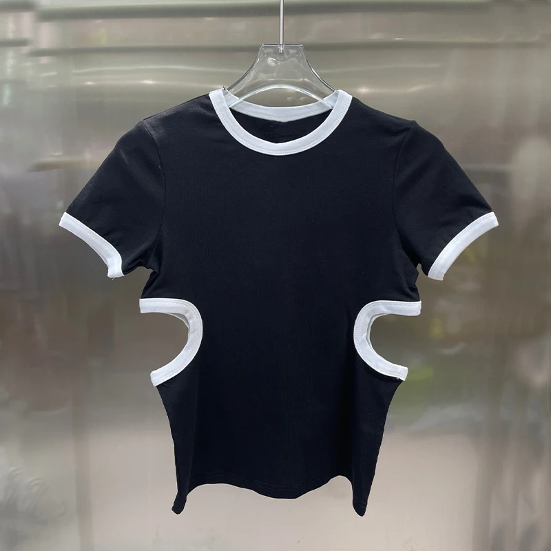

Классические простые футболки для женщин, милые Молодежные черные топы с дырками, Тонкая Повседневная универсальная блузка с коротким рукавом