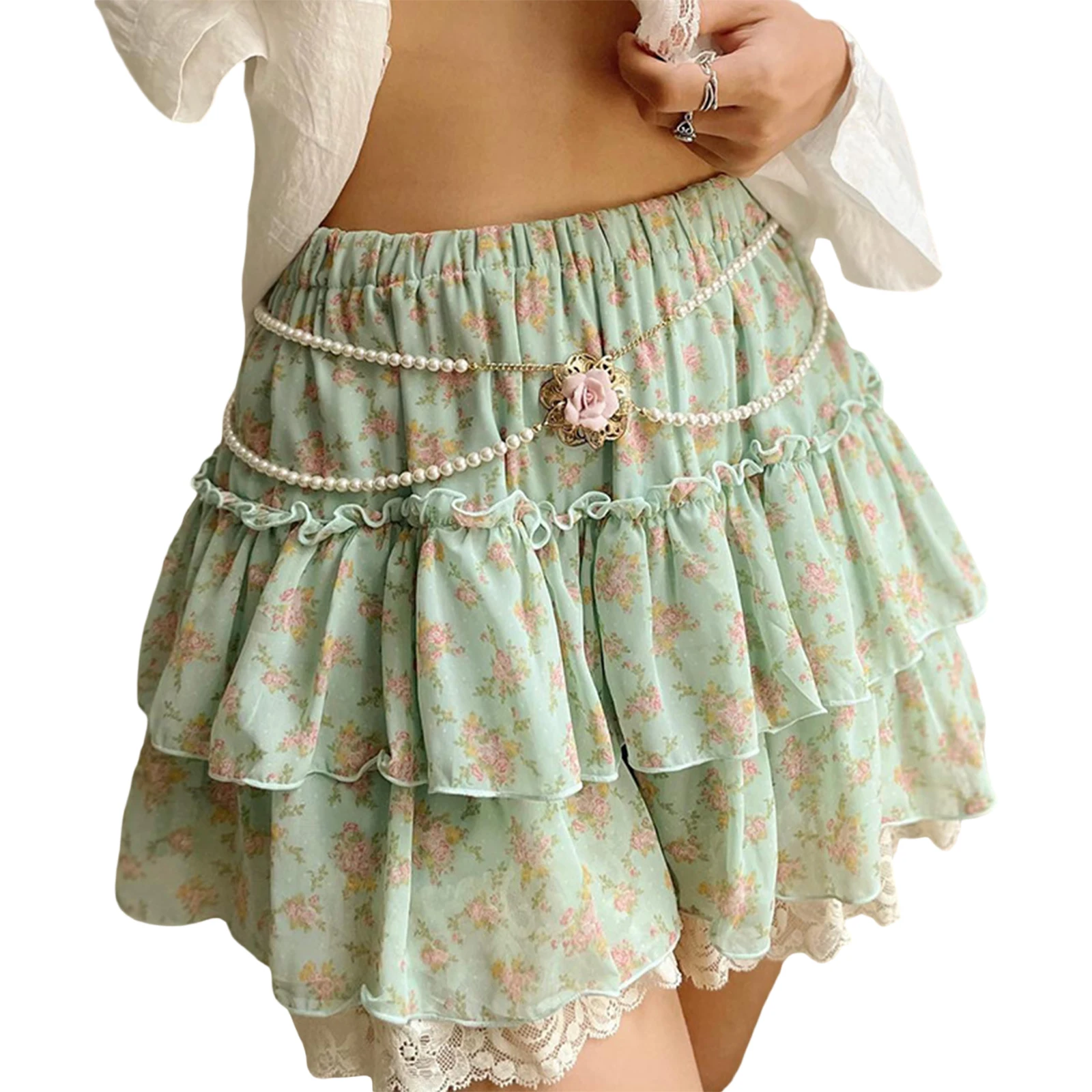 

Женские мини-юбки с цветочным принтом, кружевные лоскутные юбки с эластичной талией и оборками, короткие юбки с многоярусным подолом, Летние повседневные трапециевидные юбки