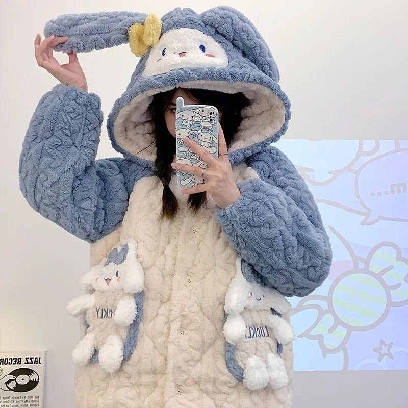 

HelloKitty Anime Sanrio Kawaii Plush Pajamas Cute Cinnamoroll Winter Warm Thickened Home Comfort Flannel Bathrobe Set Girl Gift