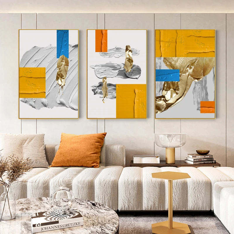 

Abstract Oil Painting On Canvas Wall Art Blue Yellow Orange Gold Poster Nordic Modern Home Decor Pictures Aesthetic Room