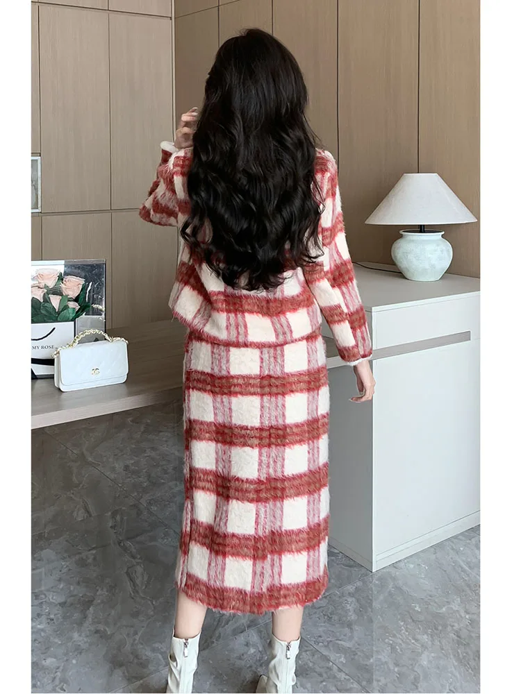 Новогодний мягкий клетчатый твидовый комплект для вечеринки из двух предметов