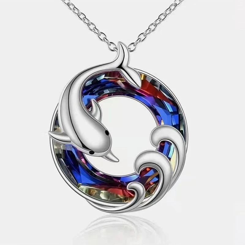 

Trendy Rainbow Crystal Dolphin Wave Necklaces for Women White Gold Color Pendant Necklaces Jewelry Accessories Gift Dropshipping