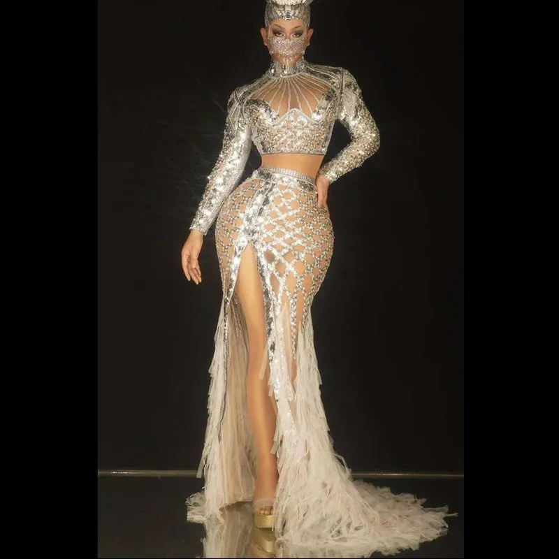 

Flashing Silver Sequin Stone White Fringe Long Dress Birthday Celebrate Prom Spandex Outfit Women Concert Dancer Show Stage Wear