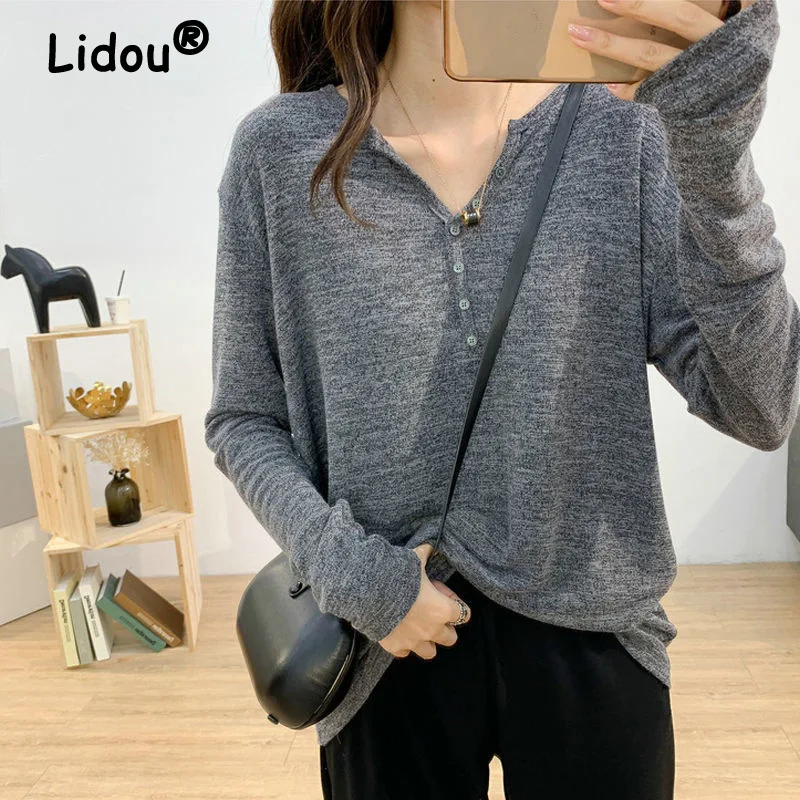 

Spring Autumn Women Simple All-match Long Sleeve V-neck Gray Basic T-shirt Casual Comfortable Cotton Loose Pullover Top Female