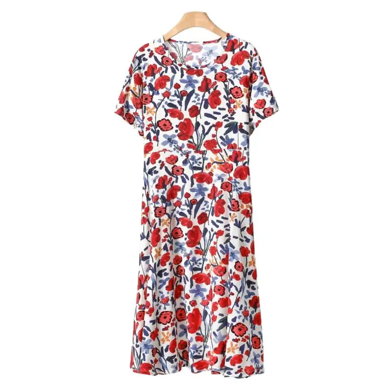 

Women's Silk printing to restore ancient ways round collar short sleeve dress summer full-skirted fashion simple floral dress