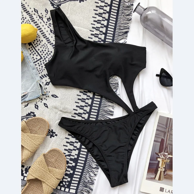 INGAGA One Shoulder Piece Swimsuit 2022 Swimwear Women Sexy Cut Out Monokini Beachwear New Bathing Suit Black Bodysuit | Спорт и