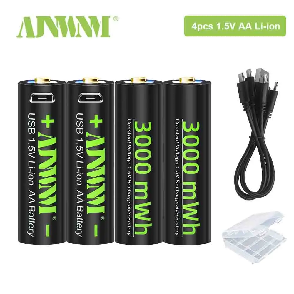 

High Capacity 1.5V AA 3000 mWh USB Rechargeable Li-ion Battery For Remote Control Mouse Small Fan Electric Toy Battery + Cable