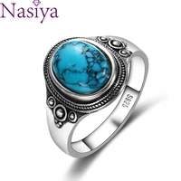 natural turquoise womens rings silver color ring vintage gemstone jewelry party anniversary birthday gift daily life