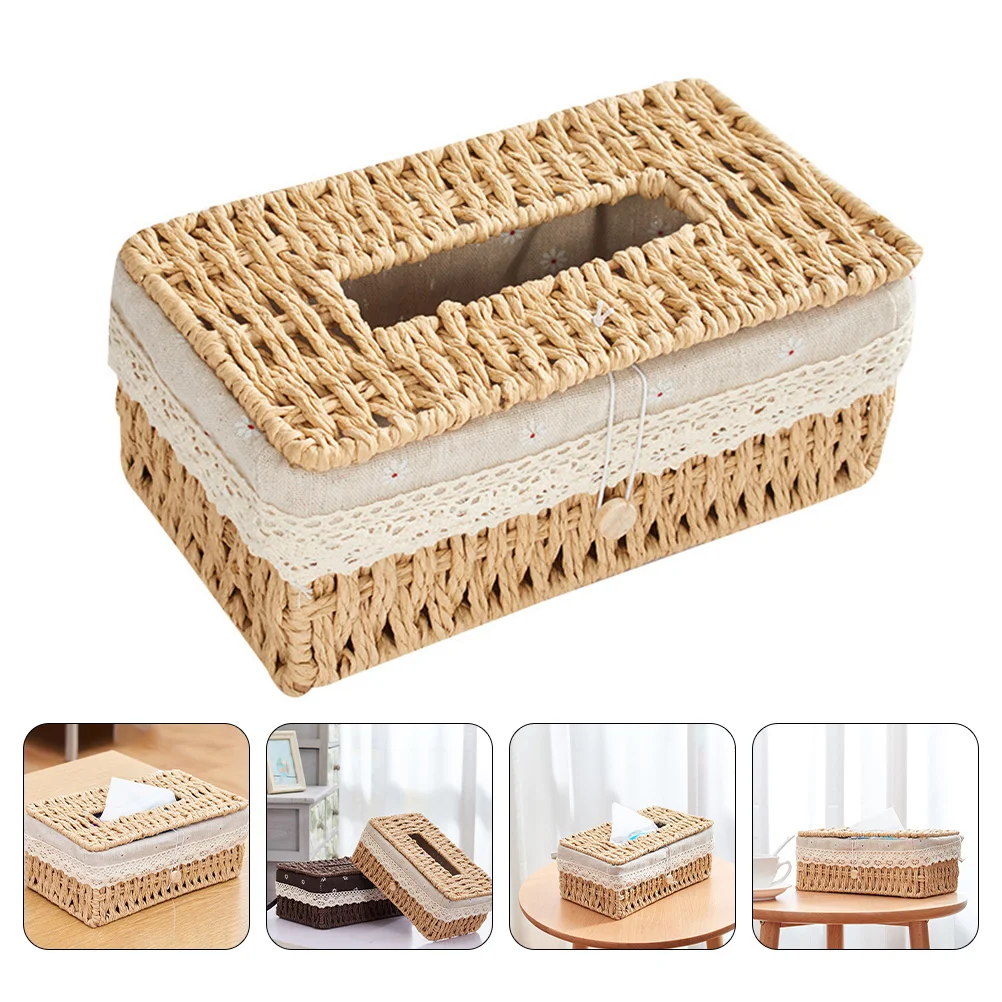 

Box Tissue Napkin Holder Cover Case Facial Bathroom Paper Woven Container Storage Square Seagrass Wood Rattan Desktop Towel