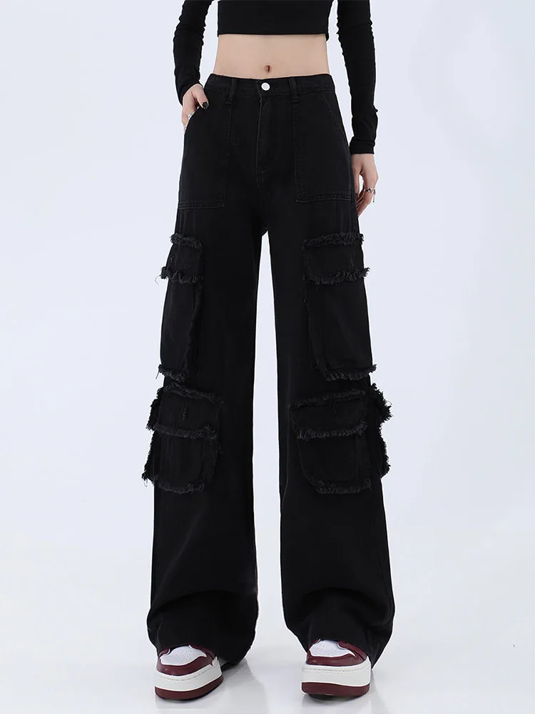 

Black Cargo Pants Streetwear Women Wide Leg Goth Hippie Streetwear Trousers Loose Female Korean Style Joggers Fashion Casual
