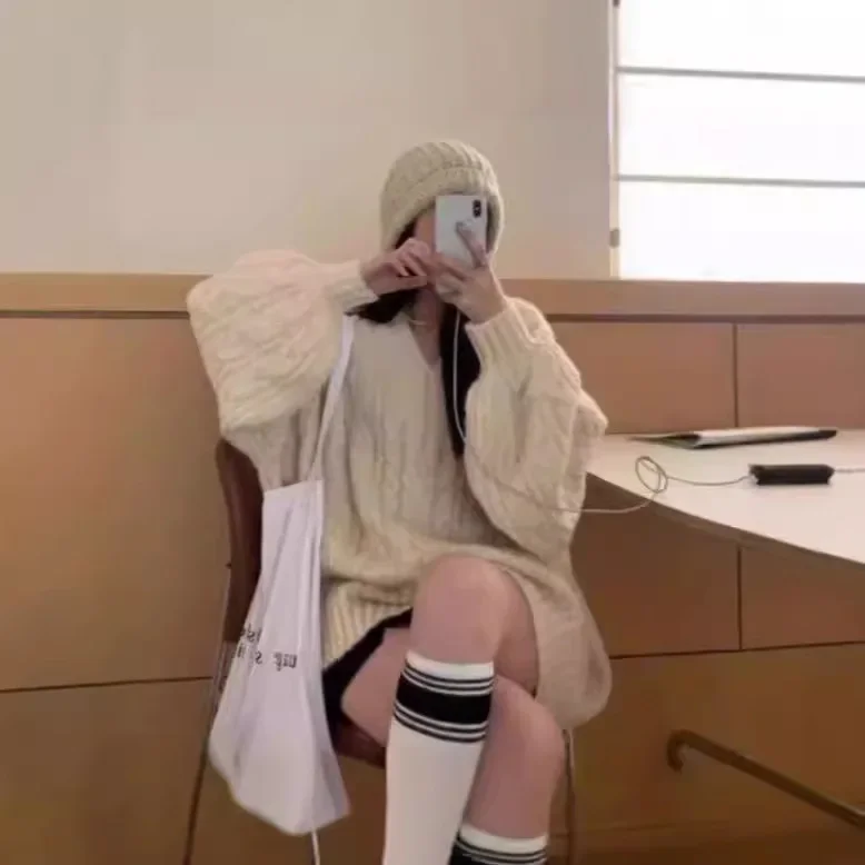 Женский модный серый зимний свитер свободного покроя с v-образным вырезом