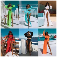 retro boho skirt two piece set women 2022 summer long sleeve off shoulder crop tops solid color split skirst sexy beach 2pcs set