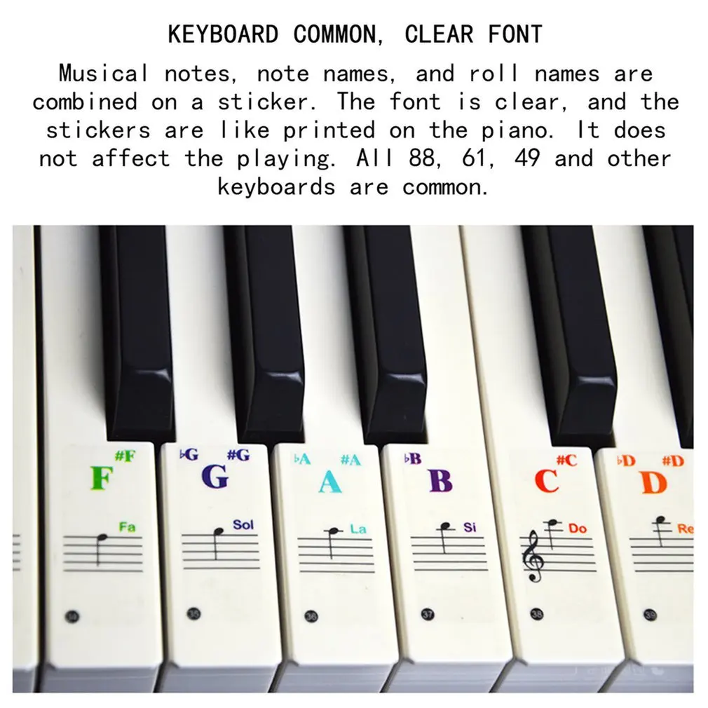 1 Set Piano Keyboard Stickers Of Stave Notes Removable 88-Key Films Music Note Full Self-study Colorful
