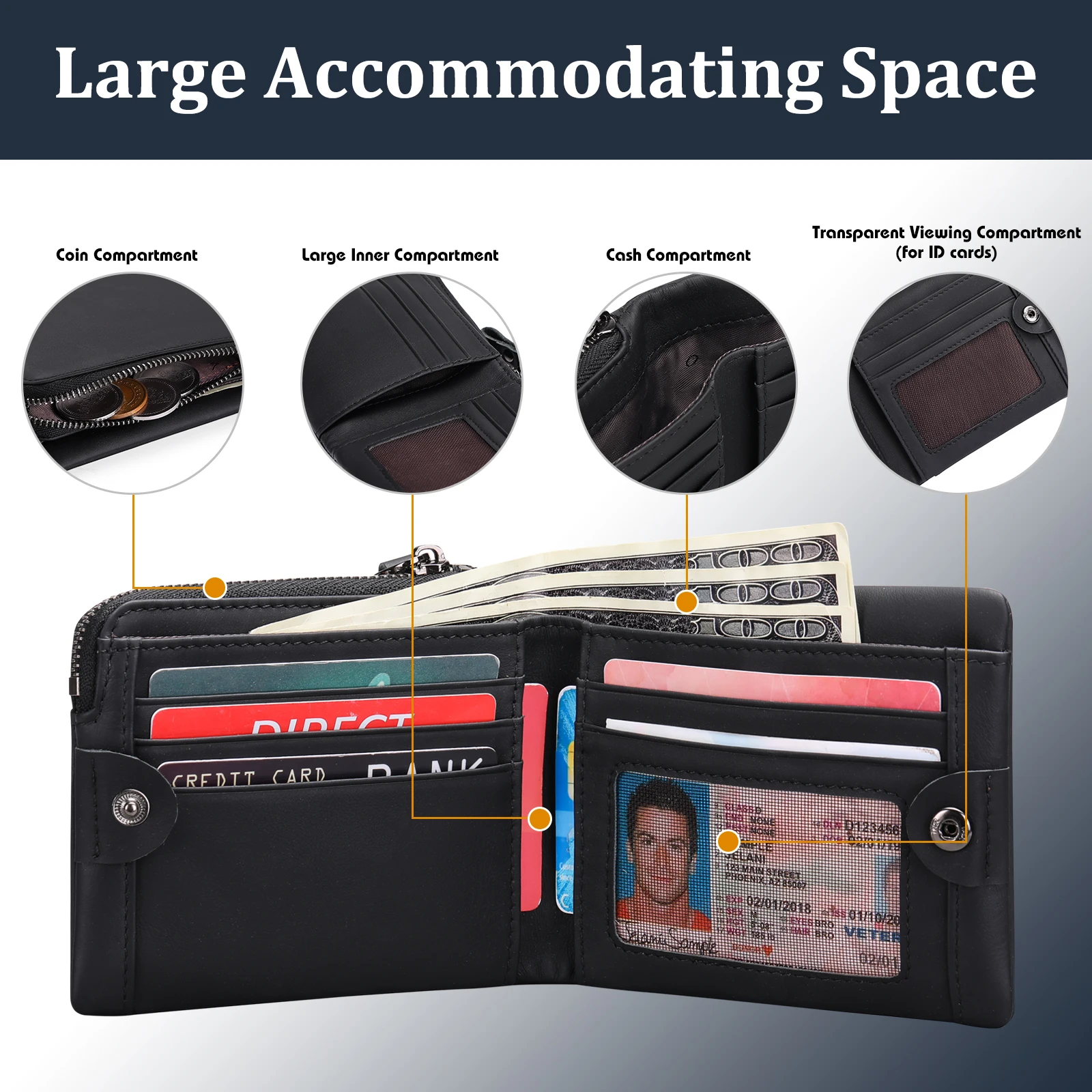 Luxury Genuine Leather Mens Purse Male Zipper Card Holders with Coin Pocket Rfid Wallets Gifts for Men Money Bag