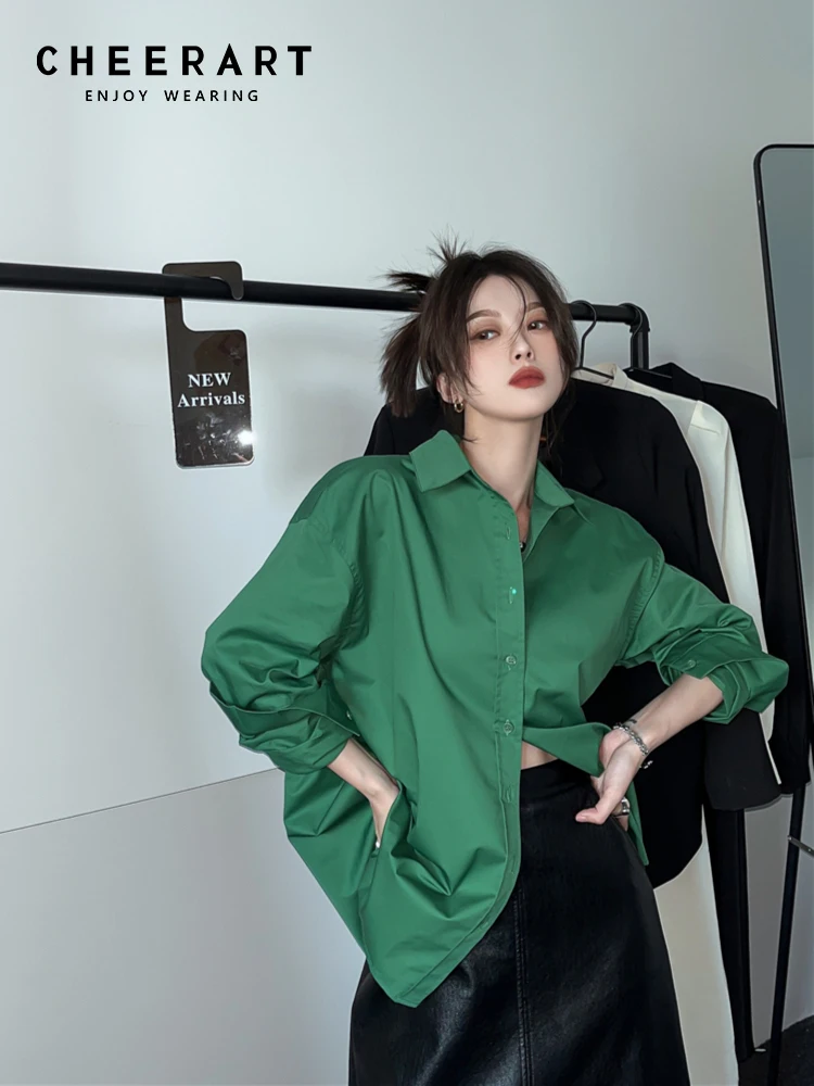

CHEERART Green Oversized Shirt For Women Spring Long Sleeve Top And Blouse Collared Button Up Baggy Shirt Korean Fashion