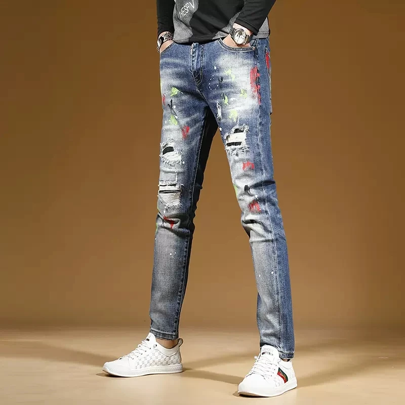 Autumn Blue Ripped Jeans Men Streetwear Graffiti Printed Slim Fit Straight Leg Pants Fashion Casual Patch Stretch Denim Trousers