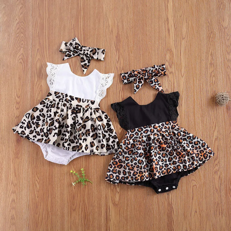 

2Pcs Baby's Clothes Summer Outfits Splicing Leopard Print O-Neck Backless Romper Skirt Hairband for Toddlers Girls 0-2 Years