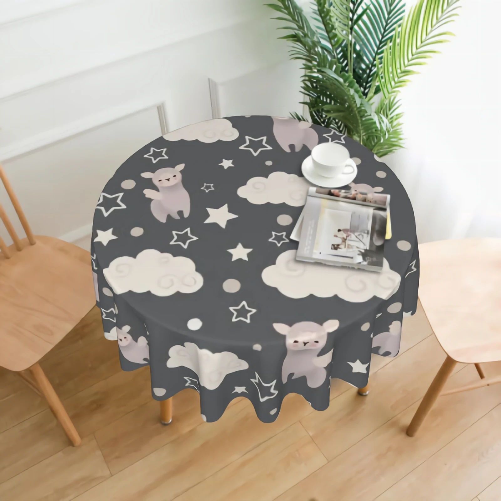 

Cartoon Alpaca Tablecloth for Round Table Washable Satin Resistant Dining Table Protector for Holiday Party 60 Inch