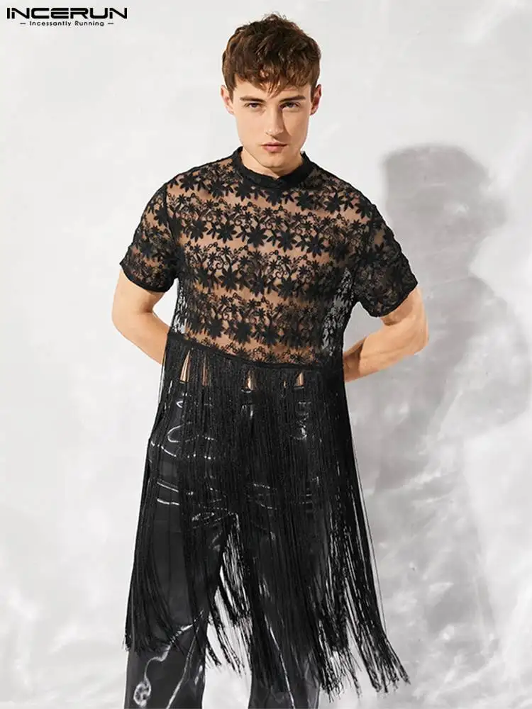 

INCERUN Men T Shirt Mesh Patchwork Tassel O-neck Short Sleeve Fitness Sexy See Through T-shirts 2022 Streetwear Party Camisetas