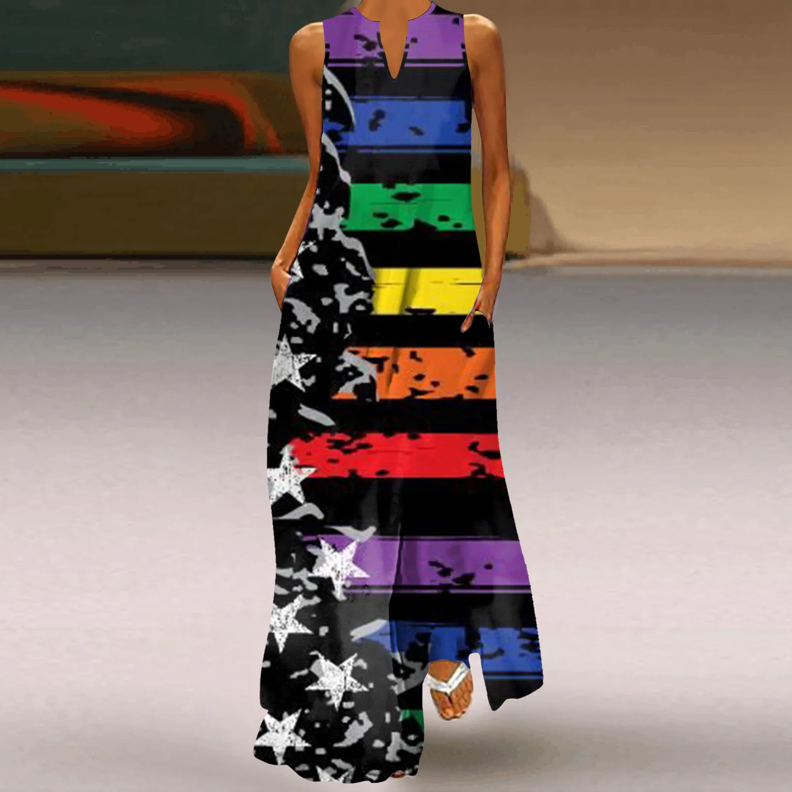 

Женское повседневное длинное пляжное платье макси на бретельках, с V-образным вырезом, без рукавов, с цветочными карманами, сарафан, платья для женщин