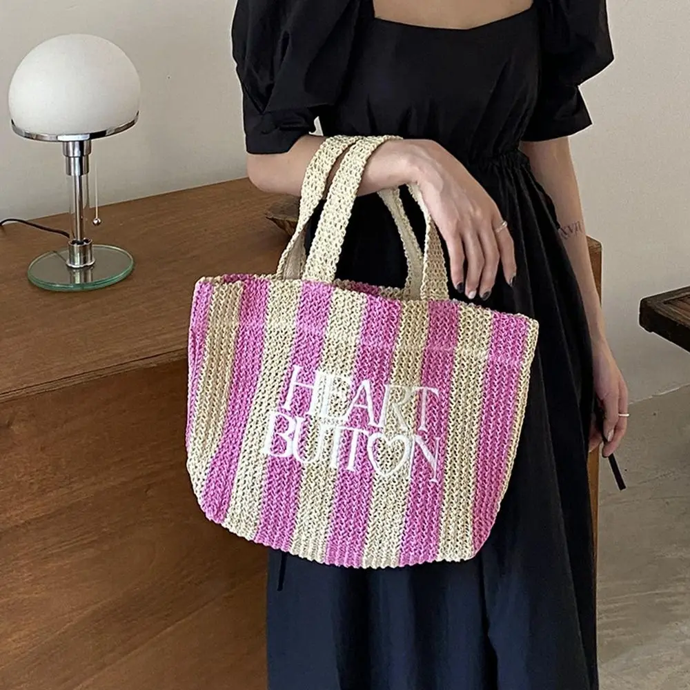 

Stripe Straw Bag Cute Bohemian Style Handmade Woven Bags for Women Large Capacity Letter Handbag Travel