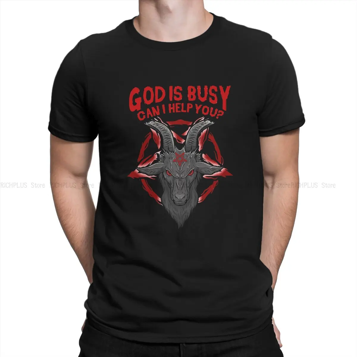 

God Is Busy Can I Help You Occult TShirt For Men Baphomet Satan Lucifer Clothing Novelty T Shirt Soft