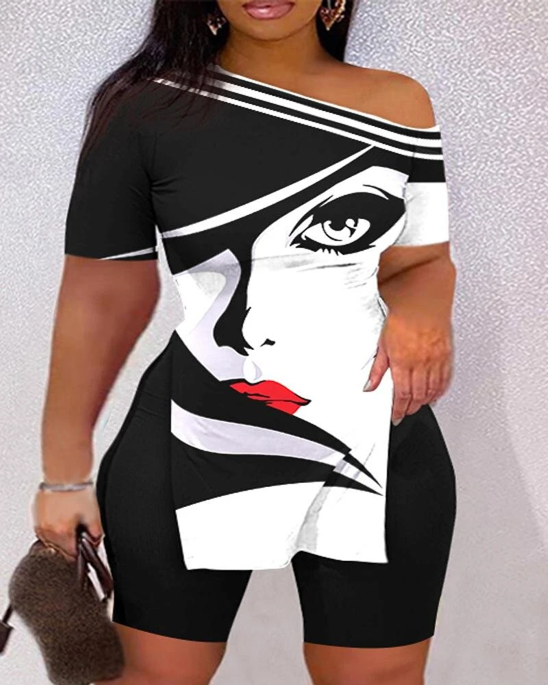 

Two-Piece Sets for Women Asymmetrical Sexy Print Short Sets Cold Shoulder Casual Elegant Outfits Summer New 2023