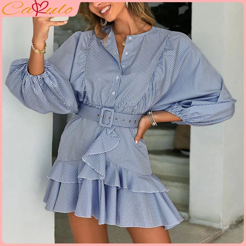 Купи CAKULO Belt Blue Plaid Batwing Long Sleeve Women Dress Summer Office Ruffle Shirt Mini Dress Casual Button A-Line Mujer Vestido за 1,243 рублей в магазине AliExpress