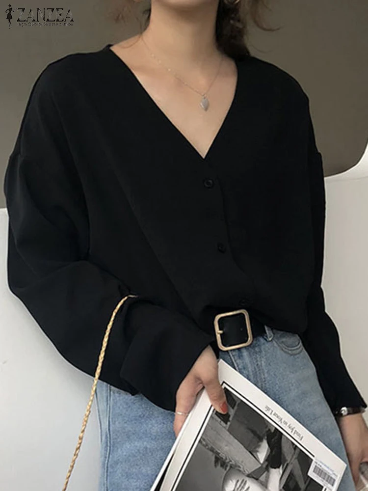 

Элегантные Женские однотонные рубашки ZANZEA с V-образным вырезом, новинка 2023, блузки с длинным рукавом и спущенными плечами, топы на пуговицах,...