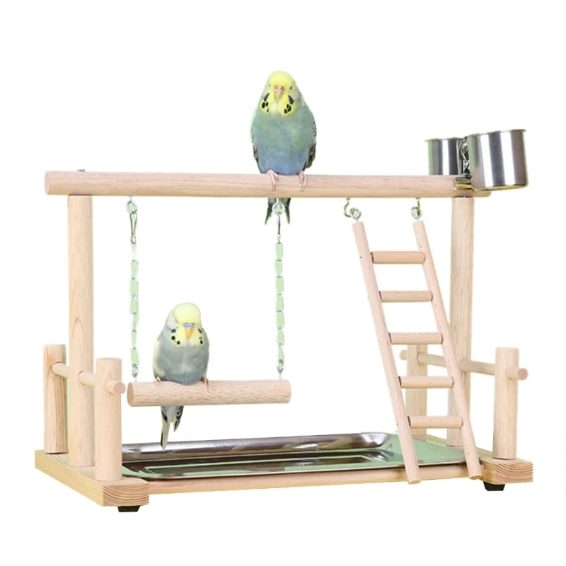 

Bird Perch Playstand Wood Ladder Swing Toy for Parrots Budgies Conure Cage Accessory Stainless Steel Feeding Cups