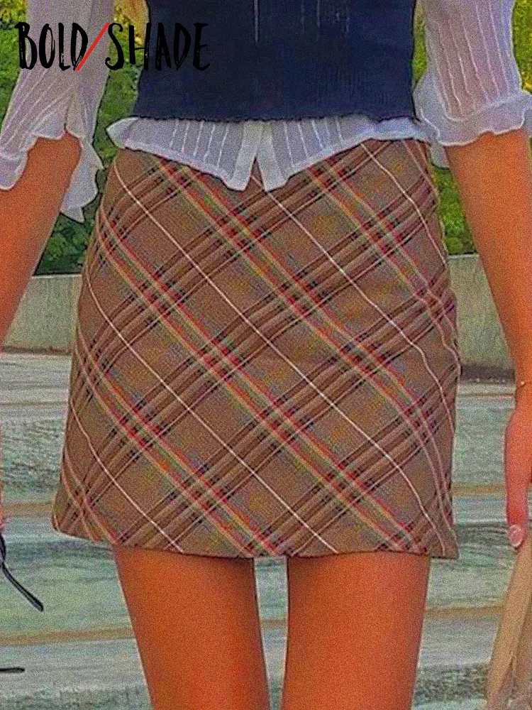 

Bold Shade Indie Streetwear Brown High Waist Plaid Skirts Y2K Vintage 90s Zip Up A-line Argyle Print Mini Skirt Retro Bottoms