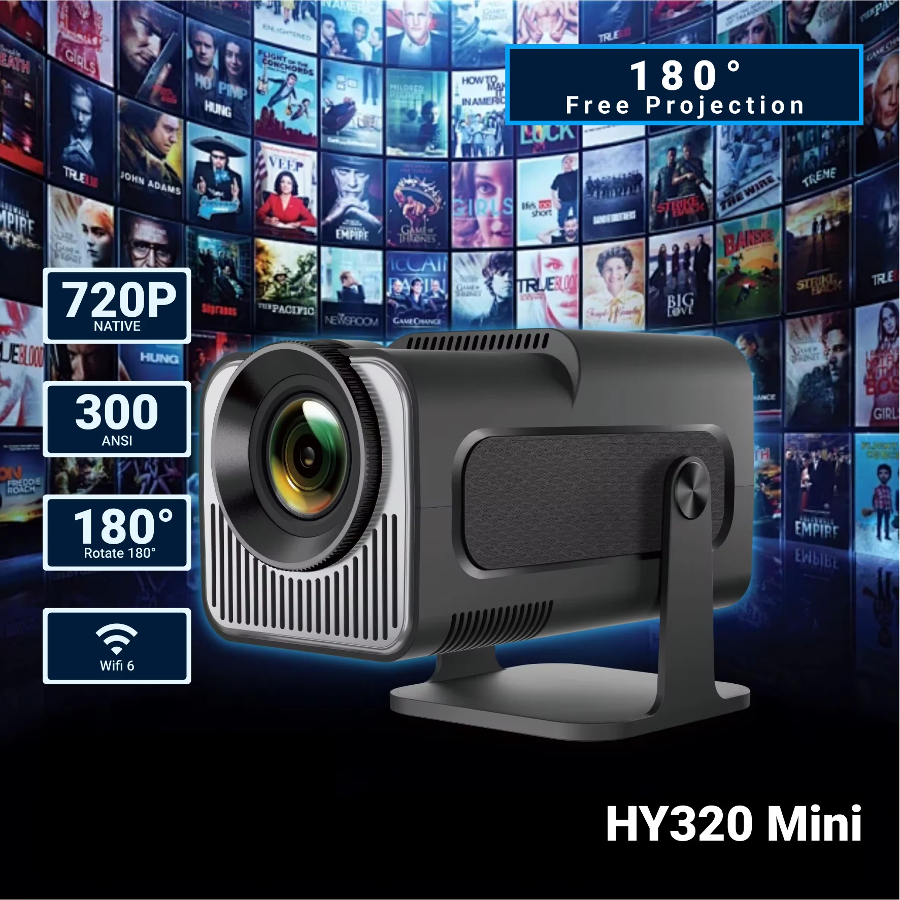 Мини-проектор HY320 720P Android 11 4K 300ANSI Wifi6 BT5.0