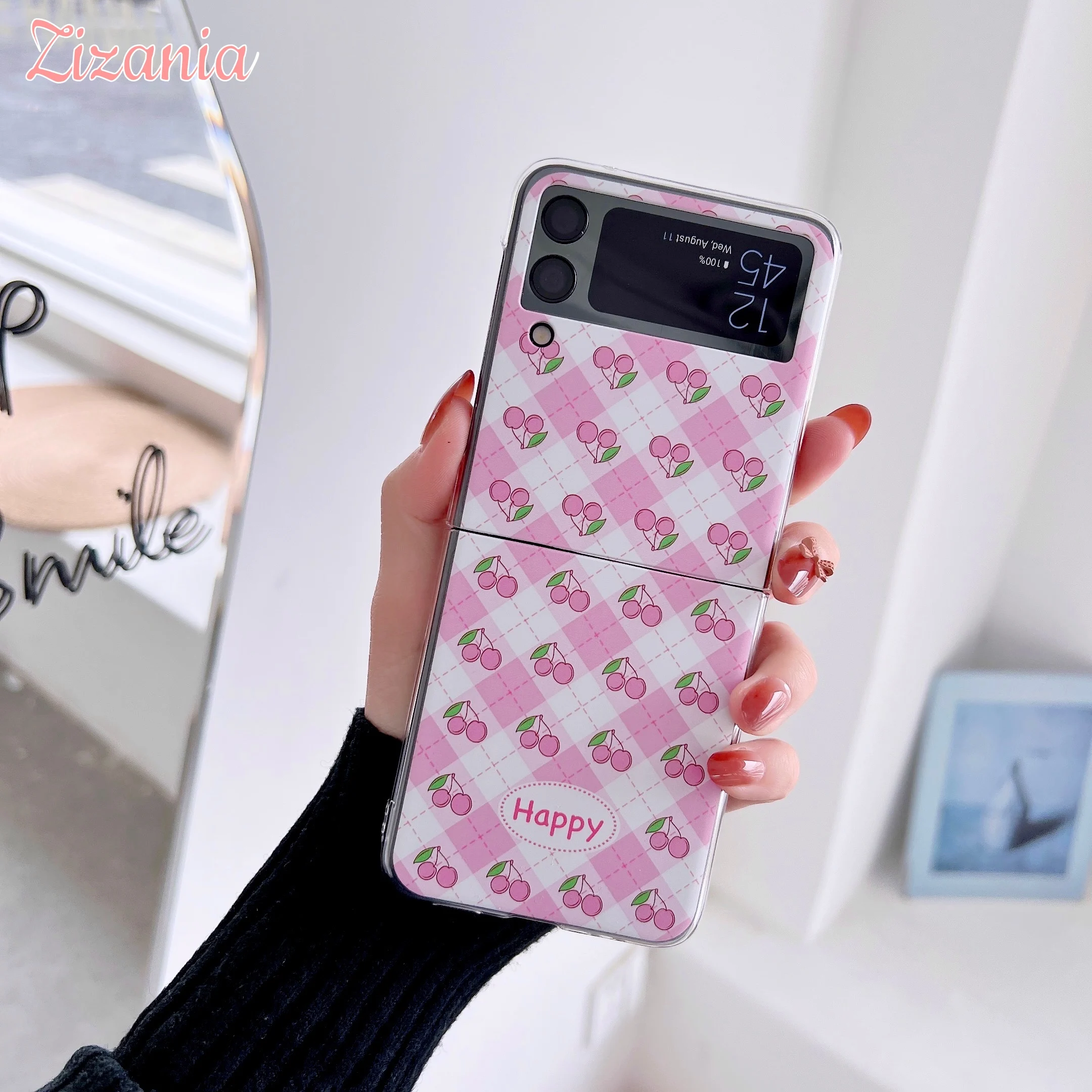 

Fashion Cute Ins wind Pink Cartoon Cherry Lingge Phone Case For Samsung Galaxy Z Flip 3 Personality shockproof Case Hot Sale New