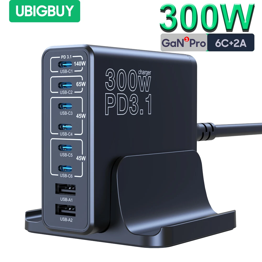 Ubigbuy Быстрое Зарядное Устройство USB C Мощностью 300 Вт GaN PD 3.1 Многопортовая
