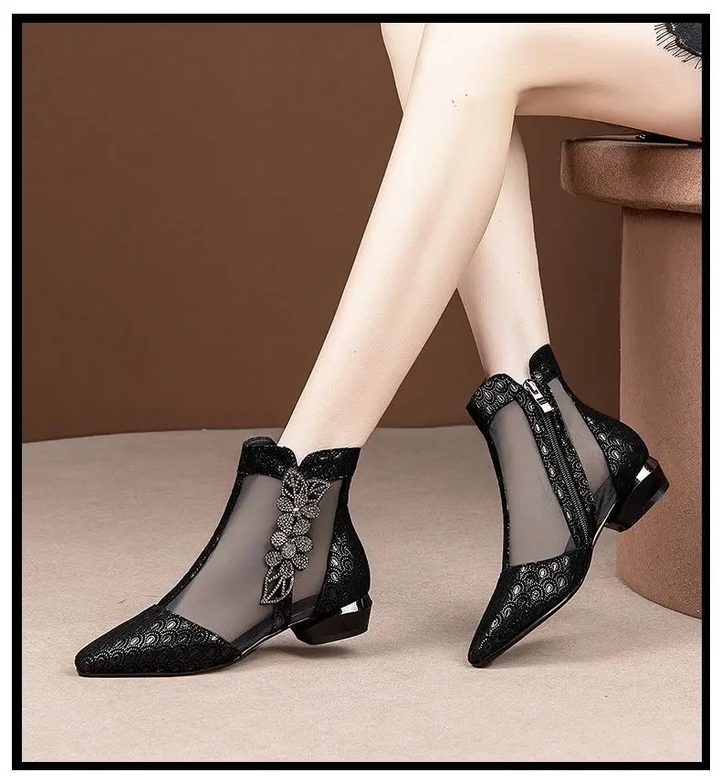 2023 Casual Sandals New Summer Sandals Pointed High Heels Women Shoes Black Lace Ankle Flower Rhinestones Zipper Flowers Fashion