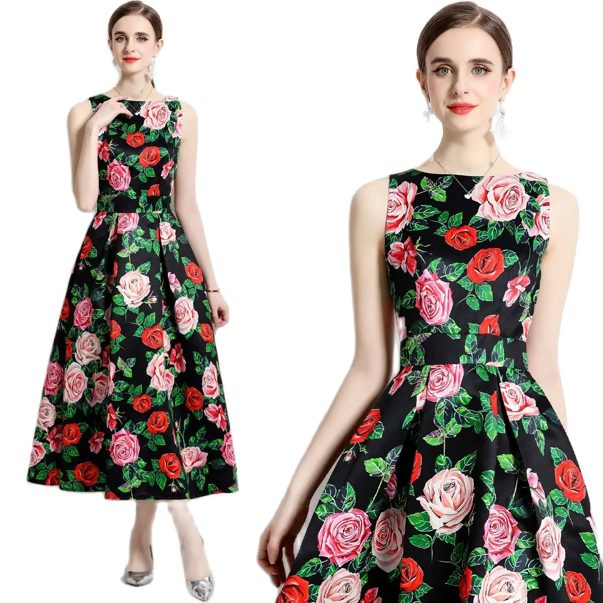 

Summer Floral Sleeveless Midi Black Dress Women Designer 2023 Fashion O-Neck Slim A-line Party Ruched Vacation Dresses Ballgown