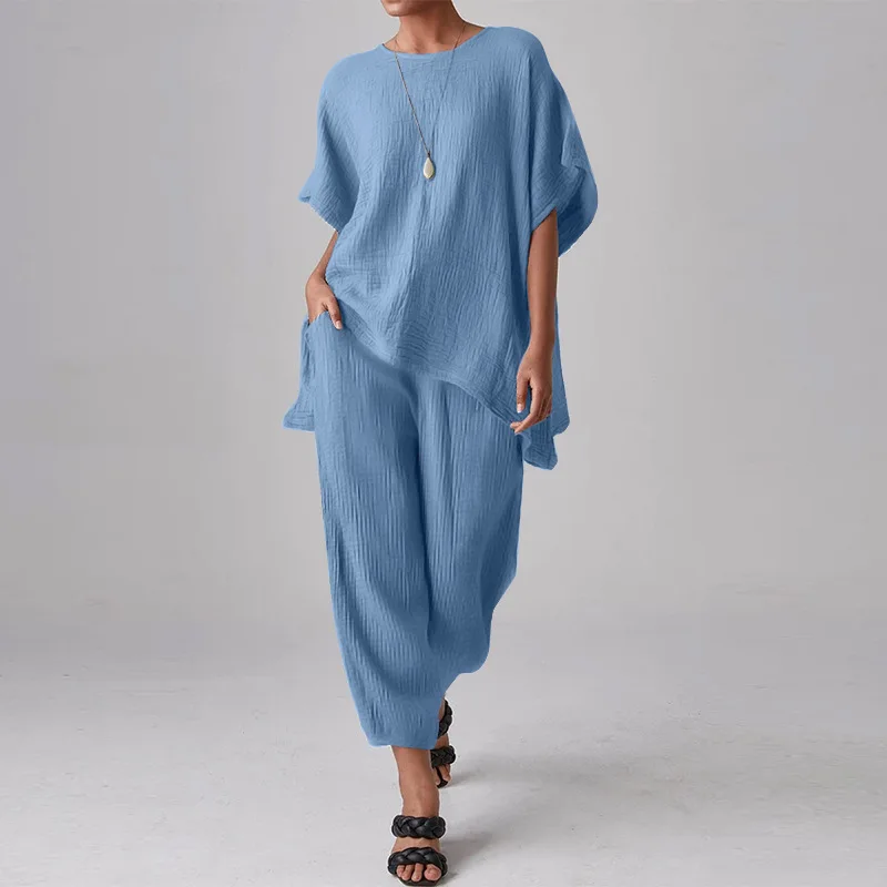 

Simple Casual Solid Cotton Linen Two Piece Sets Women Spring Crew Neck Short Sleeve Tops Pullover Suit Autumn Long Pants Outfits