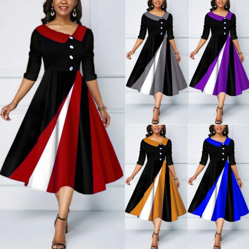 

New Button Middle Sleeve Pullover Sweatshirt 2023 Fashionable Print Style Big Swing Dress Women's Scarf Collar A-Line Dress