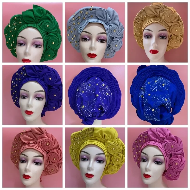 

NEW Headtie Gele Nigerian African Orange aso oke 2022 High Quality For Party Muslim Braids Headwrap Women Scarf Turban Cap1Set