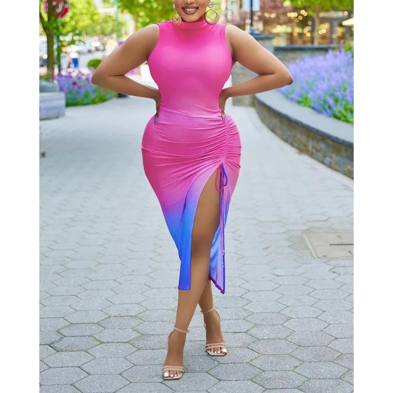 

Женское платье, летнее сексуальное облегающее платье градиентного цвета с рюшами и завязками, женское модное платье без рукавов с круглым вырезом и высокой талией