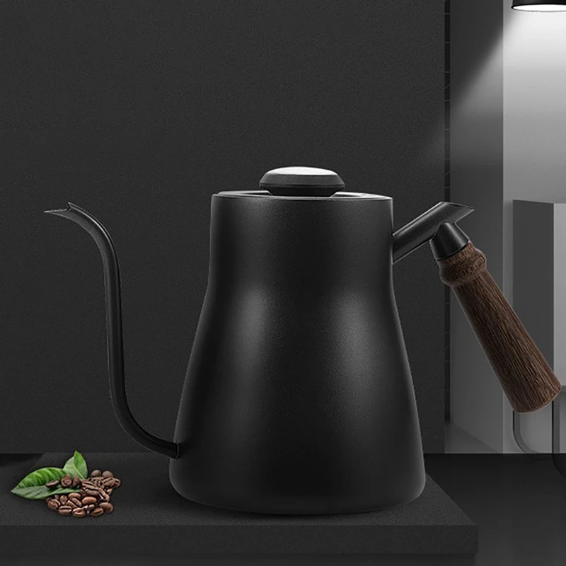 

LJL-Drip Kettle 850ML Wooden Handle Pour Over Coffee Pot Swan Long Neck Thin Mouth Gooseneck Kettle With Lid Thermometer