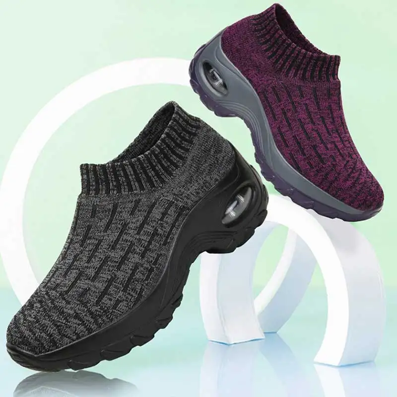 

Soft Sole Women Sport Shoes Elastic Mesh Air Cushioned Casual Shoes Breathable Wedge Pumps Thick Bottom Sneakers Gift for Mother