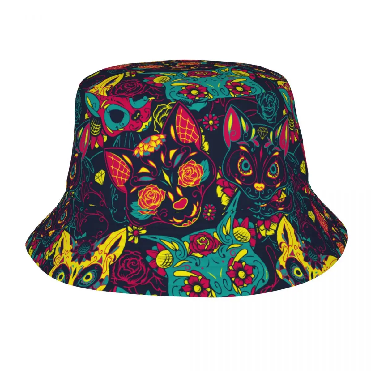 

Панама унисекс в стиле хип-хоп, шляпа с изображением днём мертвых сахарных кошек, с цветами, Пляжная шапка от солнца, для рыбалки