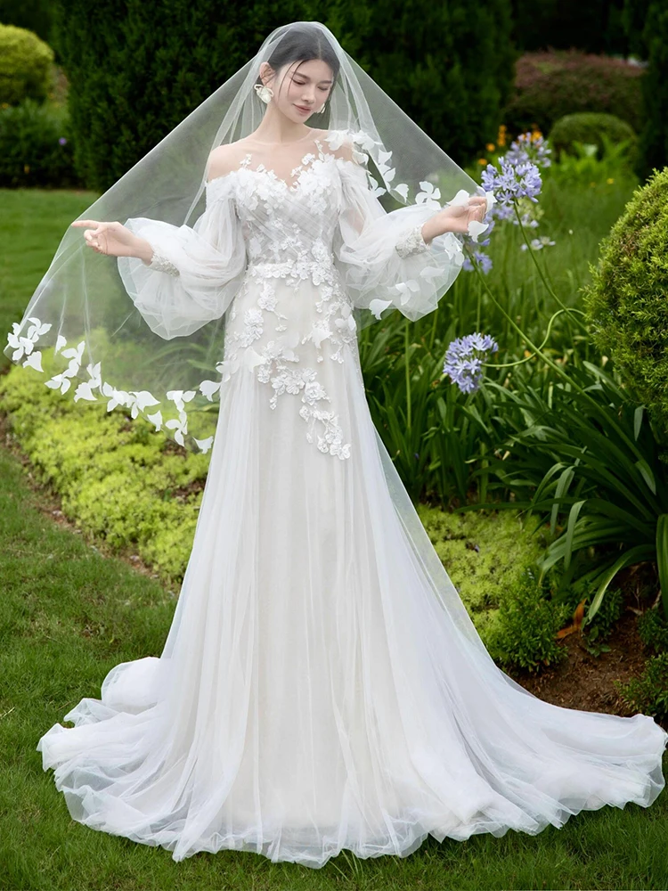 French sle off-Shoulder Light Wedding Dress Mori look Immortal High-Grade Lace Long sleeve Welcome Formal Bri...
