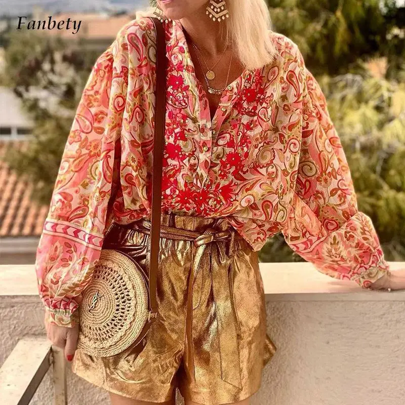 

Women Elegant Floral Print Chiffon Blouse Spring Causal Long Sleeve Bohe Pullover Tops Summer Fashion V-neck Button Shirt Blusa