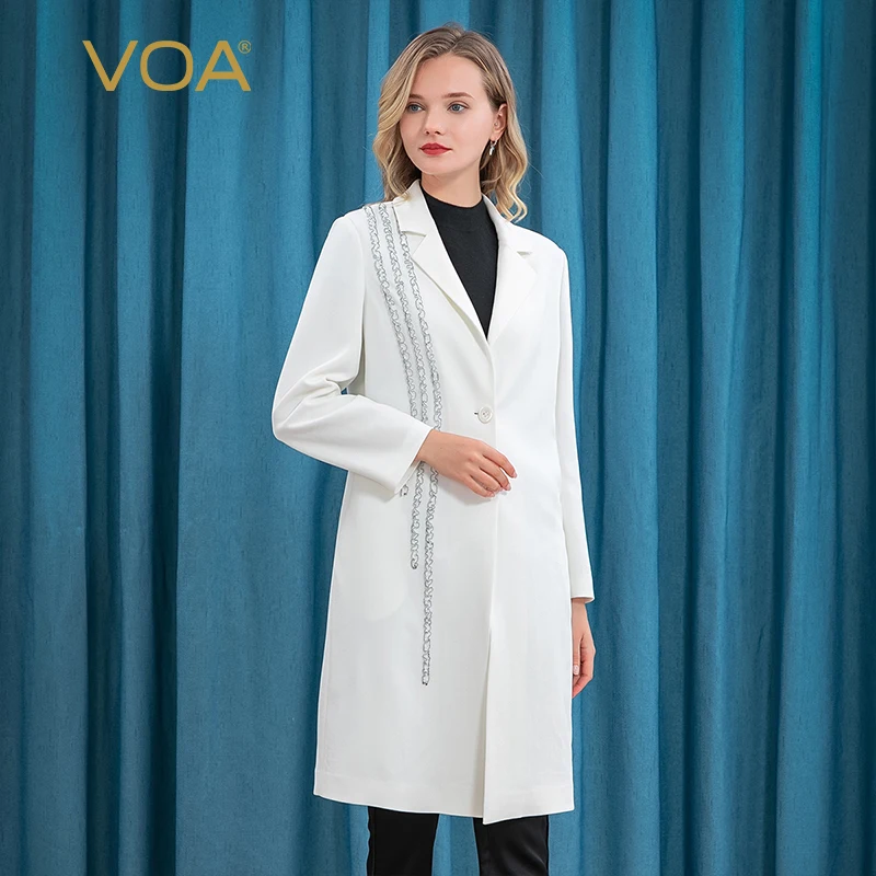 

VOA 60m/m White Heavyweight Silk Office Ladies Suit Collar Trench Coat Women Appliques Spliced Single Breasted Long Jackets FE10