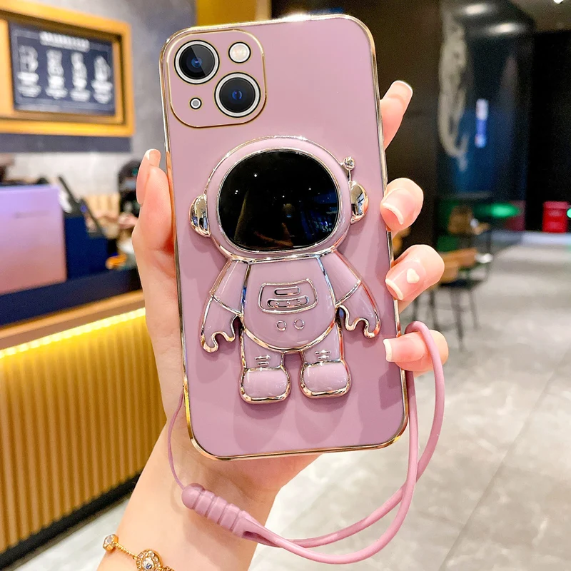 

Astronaut Plating Stand Holder Phone Case For iPhone 14 13 12 11 Pro Max X XR XS Max 7 8Plus 13 SE2020 Silicone Lanyard Cover